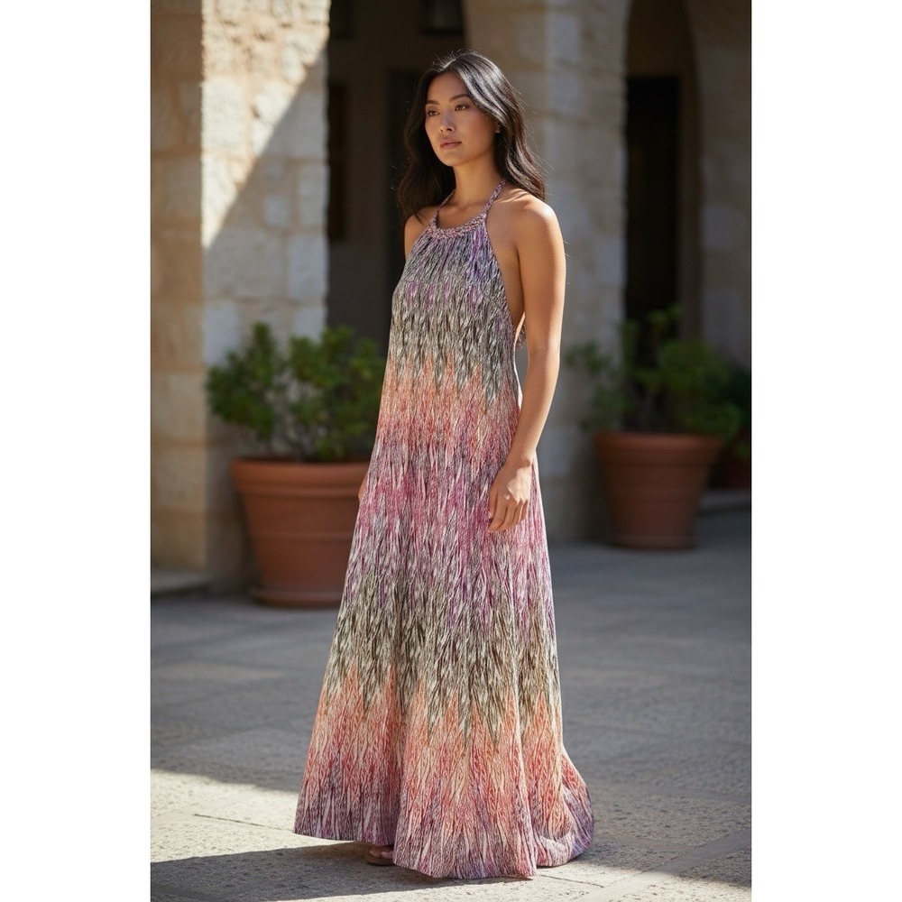 Sonoma Women Large Halter Spring Maxi Dress Braided Strap Ikat Chevron L